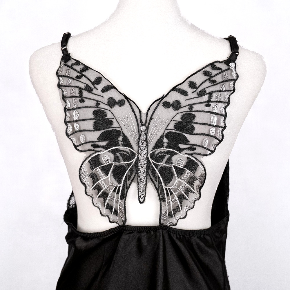 Black Satin Slip Dress Sheer Butterfly Lace LARGE Fairycore Whimsigoth Romantic